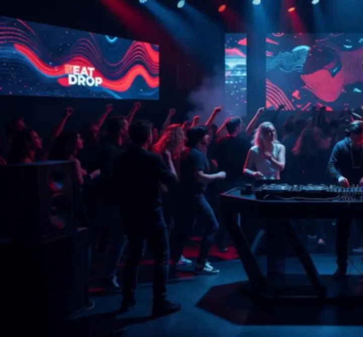 DJ pult fénytechnikával és táncoló tömeg modern parti hangulatban