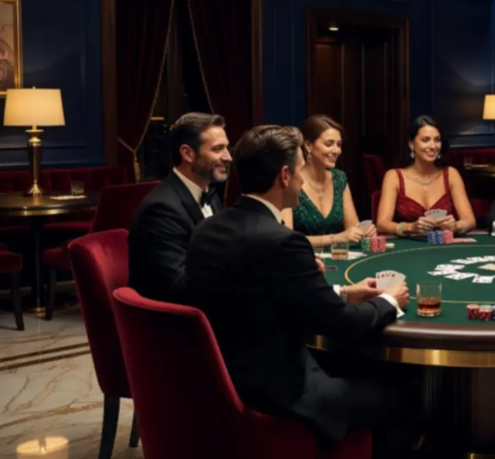 Stílusos lounge térben elegáns pókerasztaloknál társaság beszélget és kártyázik.