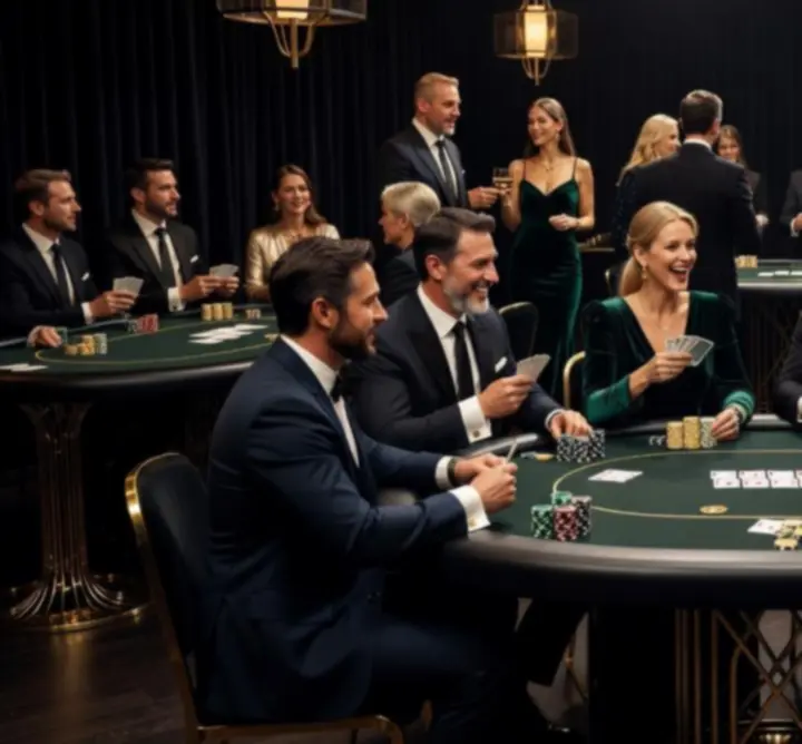 Elegáns pókerasztalok és vendégek egy exkluzív Turbos Zint pókerestén